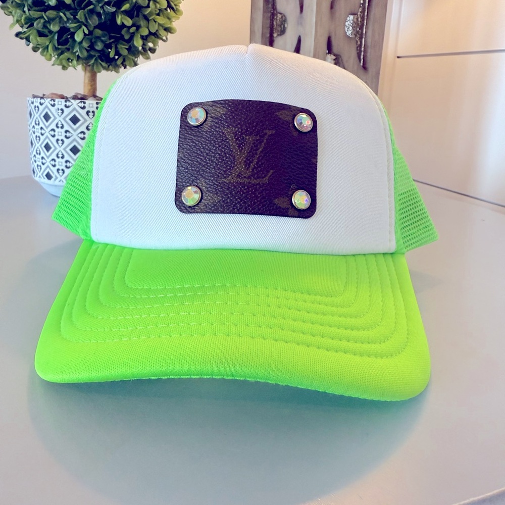 Neon Green and White Trucker Hat with Leather patch detail